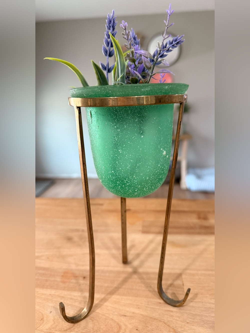 Green Frosted Glass Planter with Gold Metal Stand *faux lavender included
